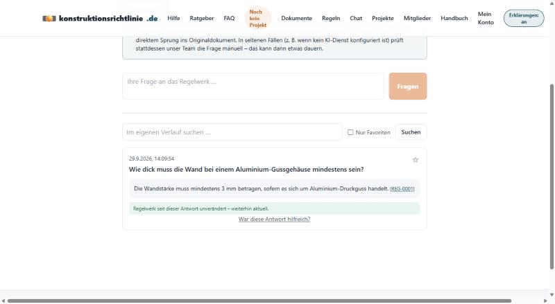 Chat-Antwort mit Regelverweis in eckigen Klammern und Hinweis, dass das Regelwerk seit der Antwort unverändert ist