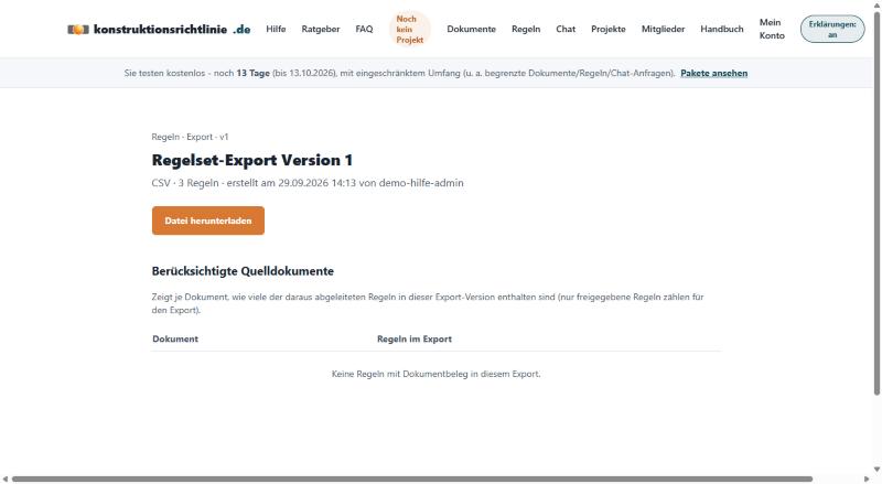 Erstellter Regelset-Export mit Versionsnummer, Format und Übersicht der berücksichtigten Quelldokumente