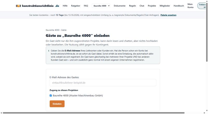 Formular zum Einladen eines Gastes per E-Mail-Adresse auf der Seite „Gäste“ eines Projekts
