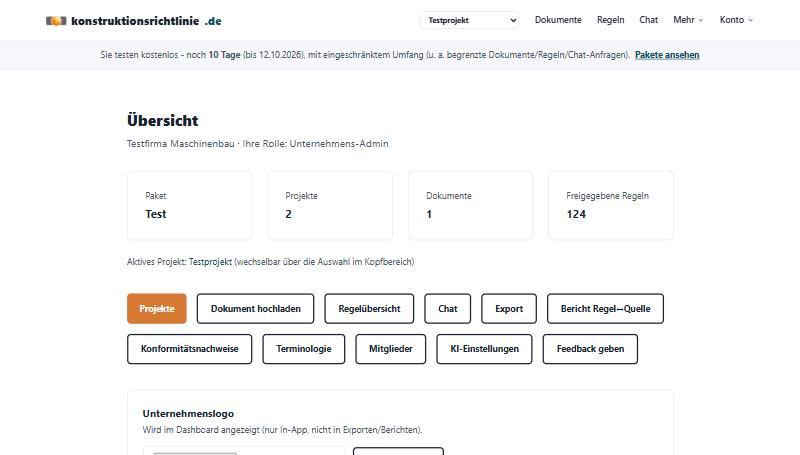 Kopfbereich der Anwendung mit Projekt-Auswahl „Testprojekt“ und Hinweis „Aktives Projekt: Testprojekt (wechselbar über die Auswahl im Kopfbereich)“ auf der Übersichtsseite