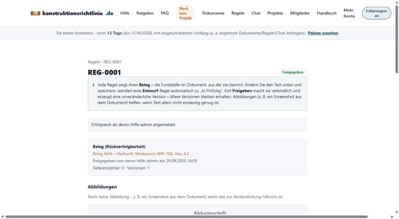 Detailansicht einer Regel auf der Seite „Regeln“ mit Beleg, Freigabedatum und Versionszähler